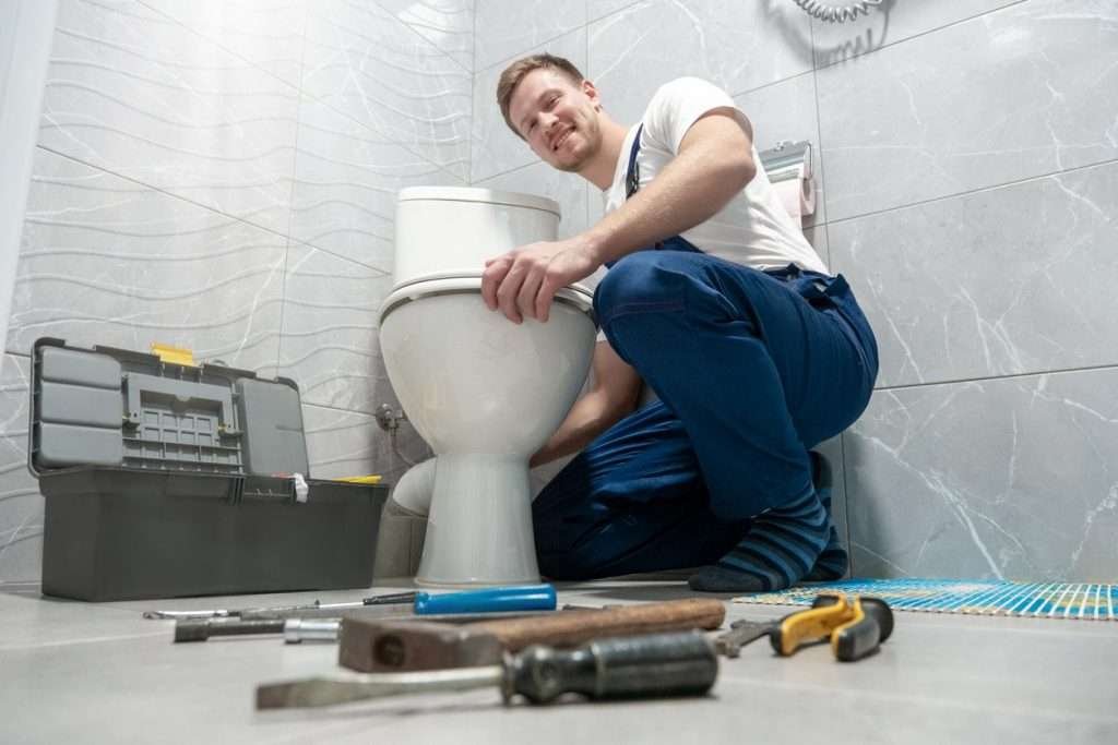 smiling man doing toilet repair